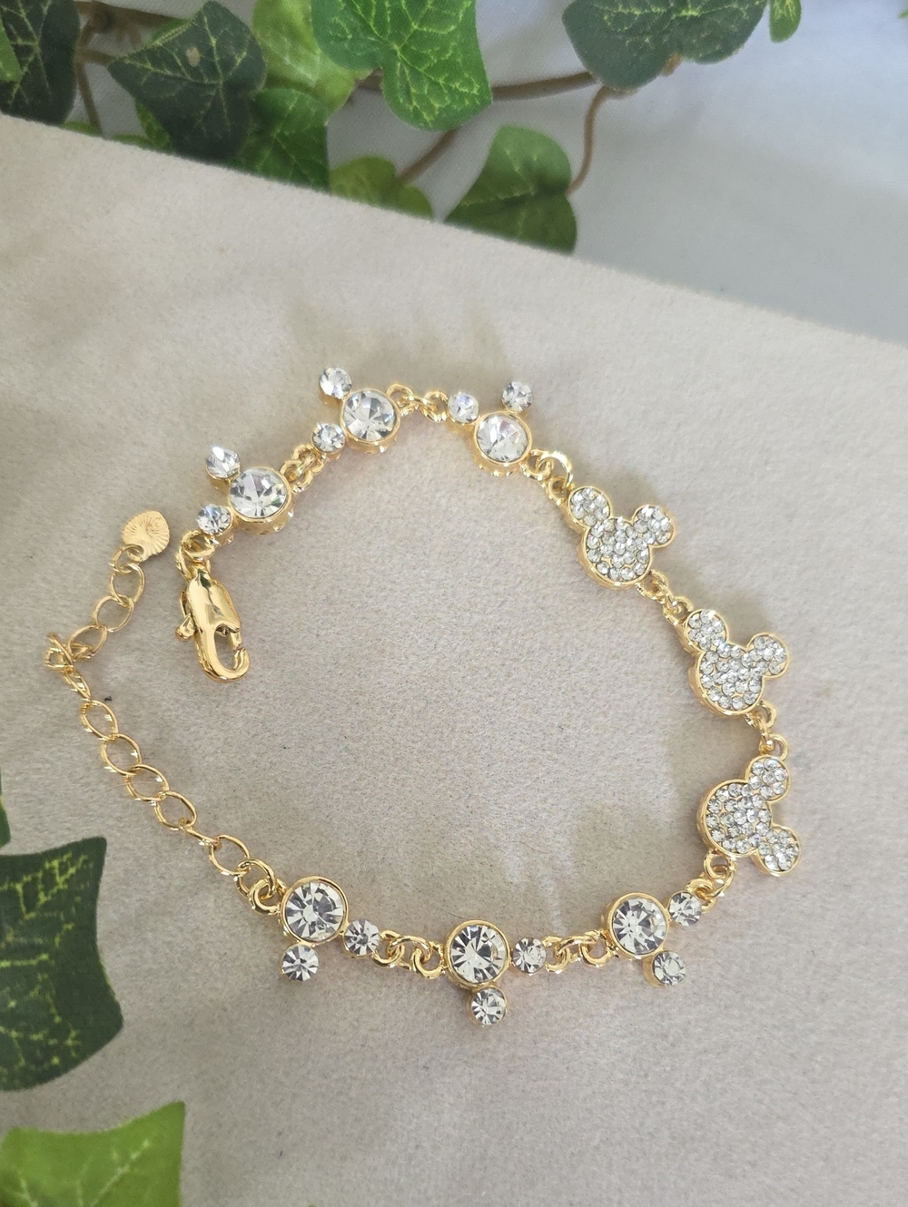 Gold Filled Sparkly Pave Crystal Mickey Mouse Silhouette Link Bracelet NWT
